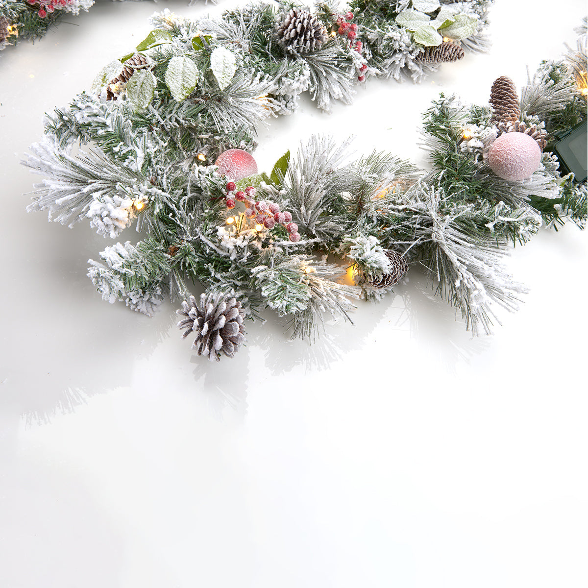 White Flocked 9-Ft. Cordless Pre-Lit Indoor/Outdoor Garland - image 2