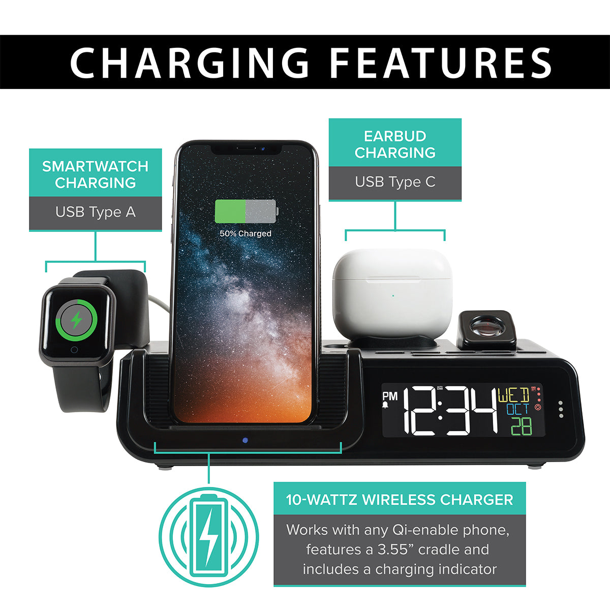 Projection Alarm Clock with Wireless Charging Station - image 6