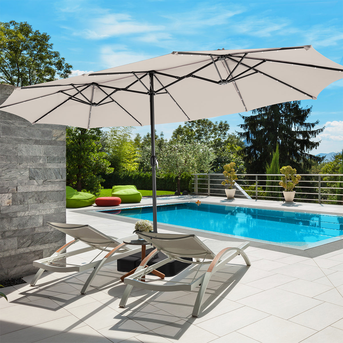 15' Double-Sided Patio Umbrella with Solar Powered LED Lights