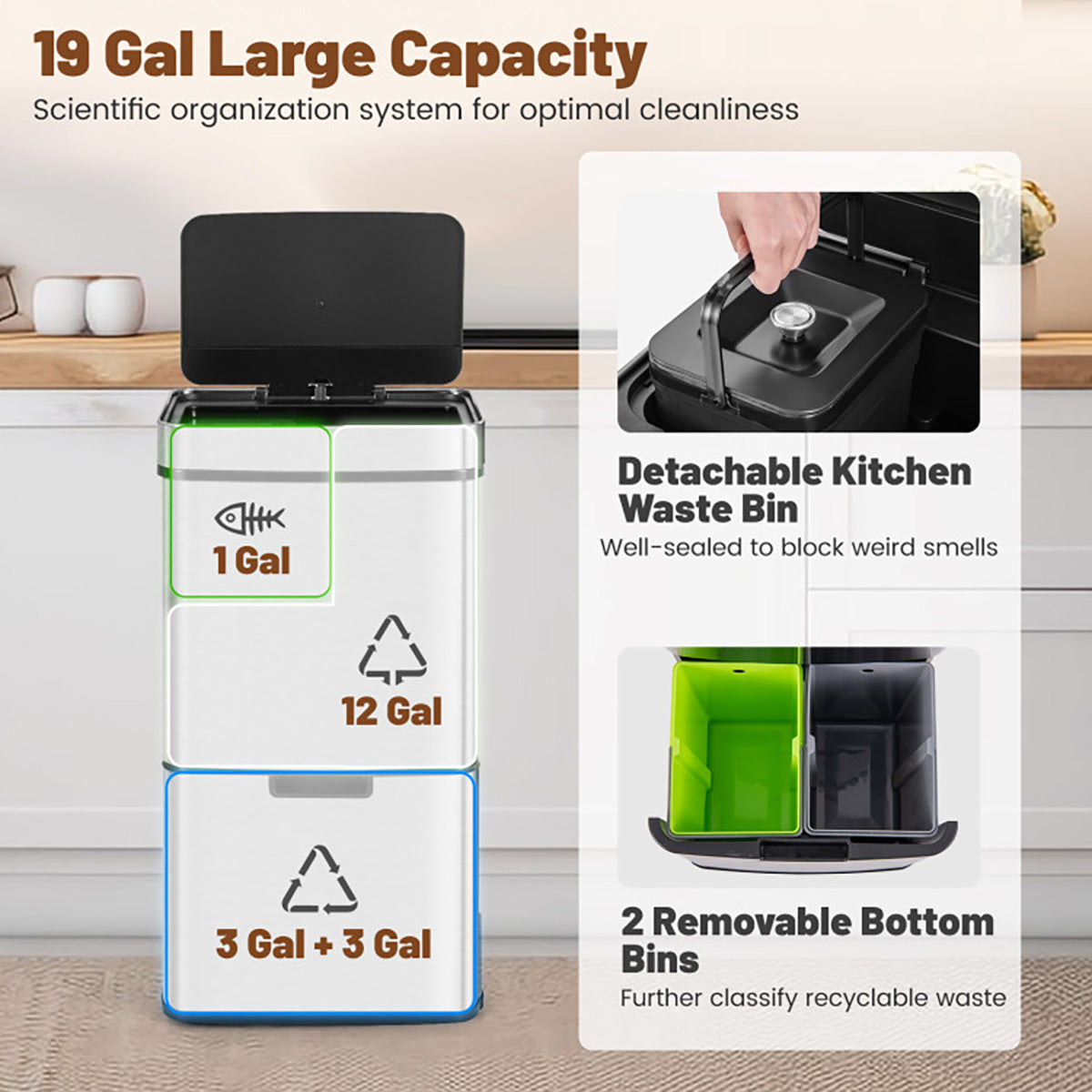 19 Gallon Quad Compartment Touchless Motion Sensor Trash Can - image 7