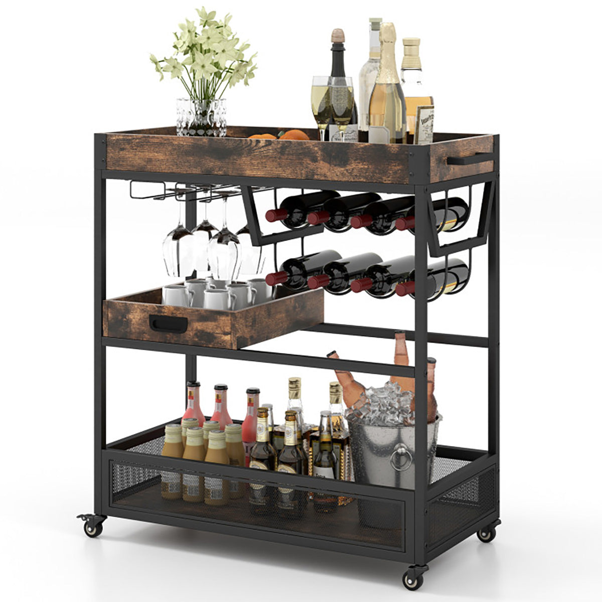 3-Tier Industrial Buffet Serving Cart with Wine Rack - image 10