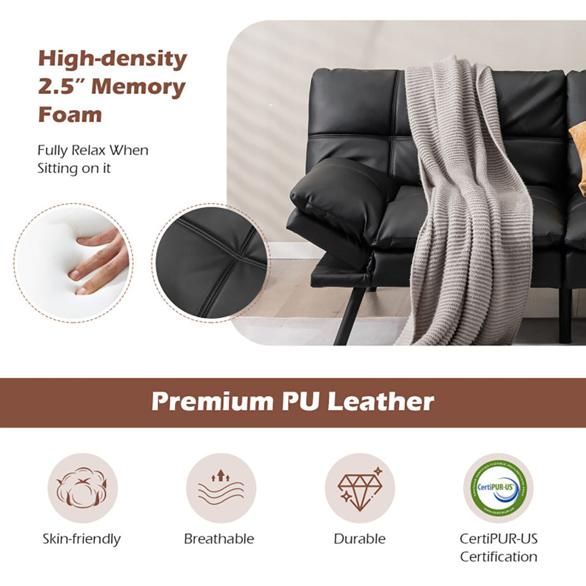 Convertible Memory Foam Futon Sofa Bed - image 7