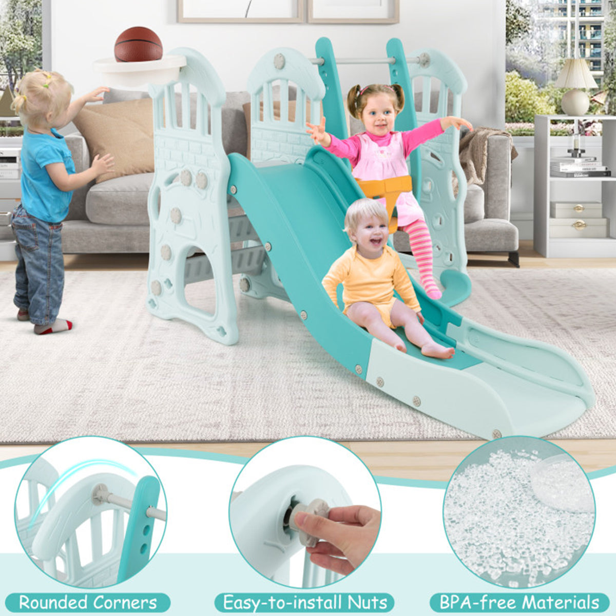 3-in-1 Toddler Slide and Swing Set with Basketball Hoop - image 8