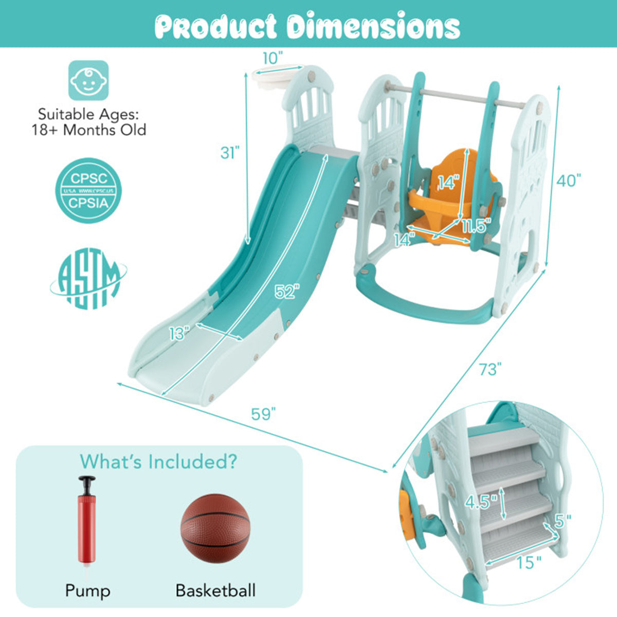 3-in-1 Toddler Slide and Swing Set with Basketball Hoop - image 9