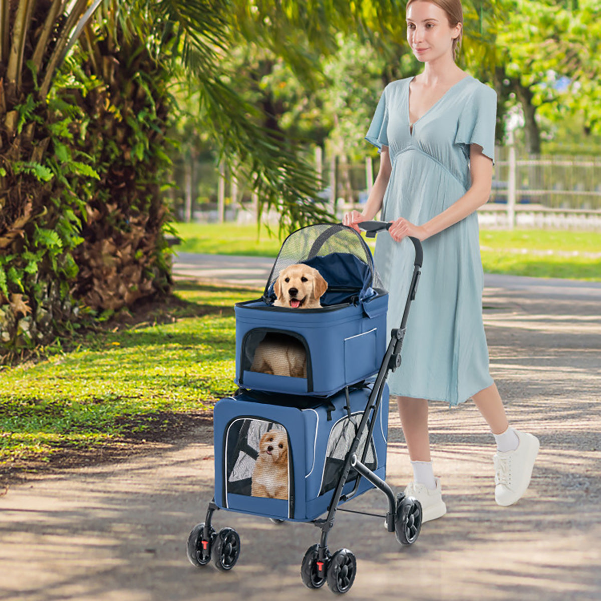 3-in-1 Foldable Double Pet Stroller with Detachable Carriers