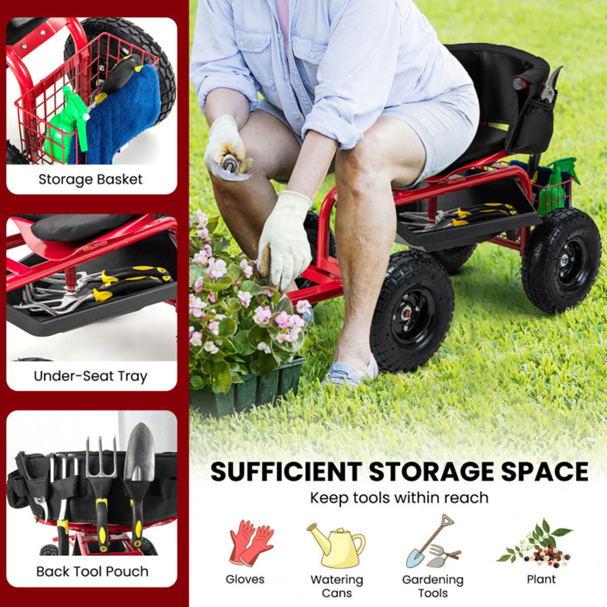 Cushioned Rolling Garden Cart with Swivel Seat - image 3