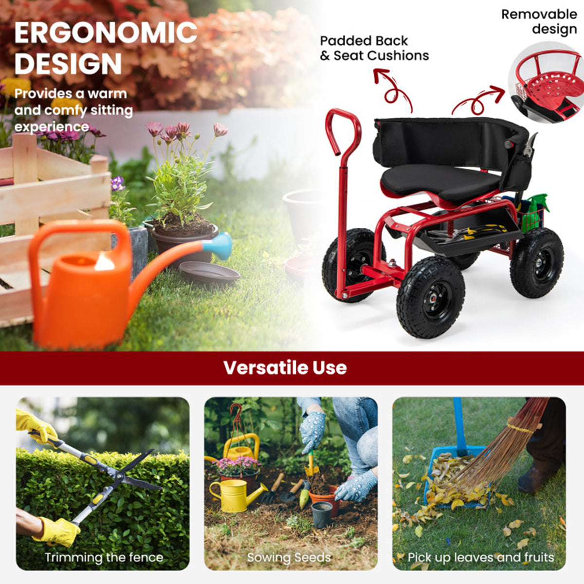 Cushioned Rolling Garden Cart with Swivel Seat - image 7
