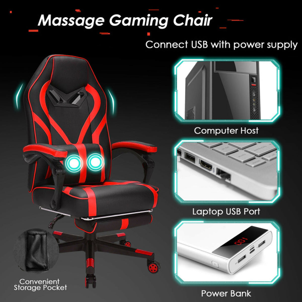 Racing Style Gaming Chair with Massaging Lumbar Support - image 5