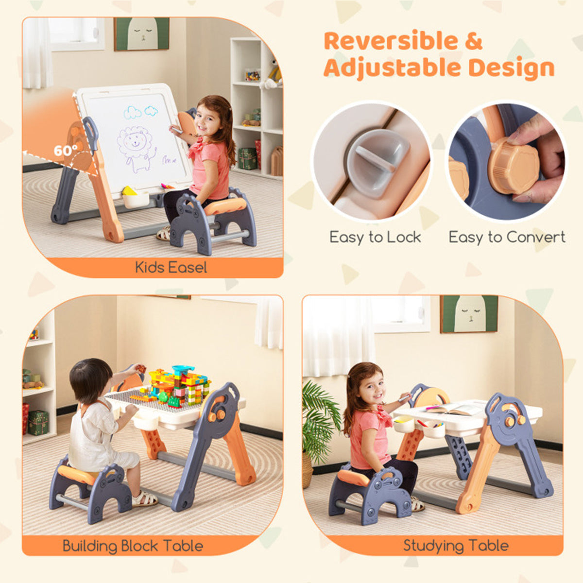 6-in-1 Folding Kids Art Easel with Building Block Tabletop - image 4
