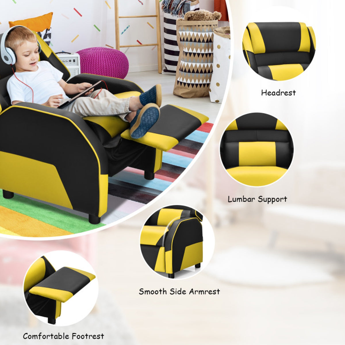 Kids Gaming Sofa Recliner with Headrest and Footrest - image 55