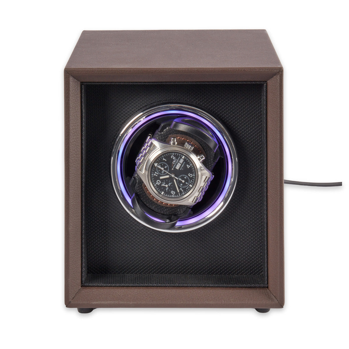 Single Brown Leather Watch Winder with Color Changing Light - image 6