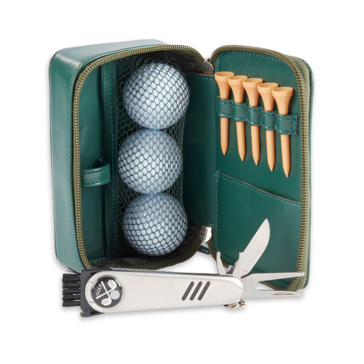 9 Pc. Green Leather Travel Golf Set with Zipper Closure