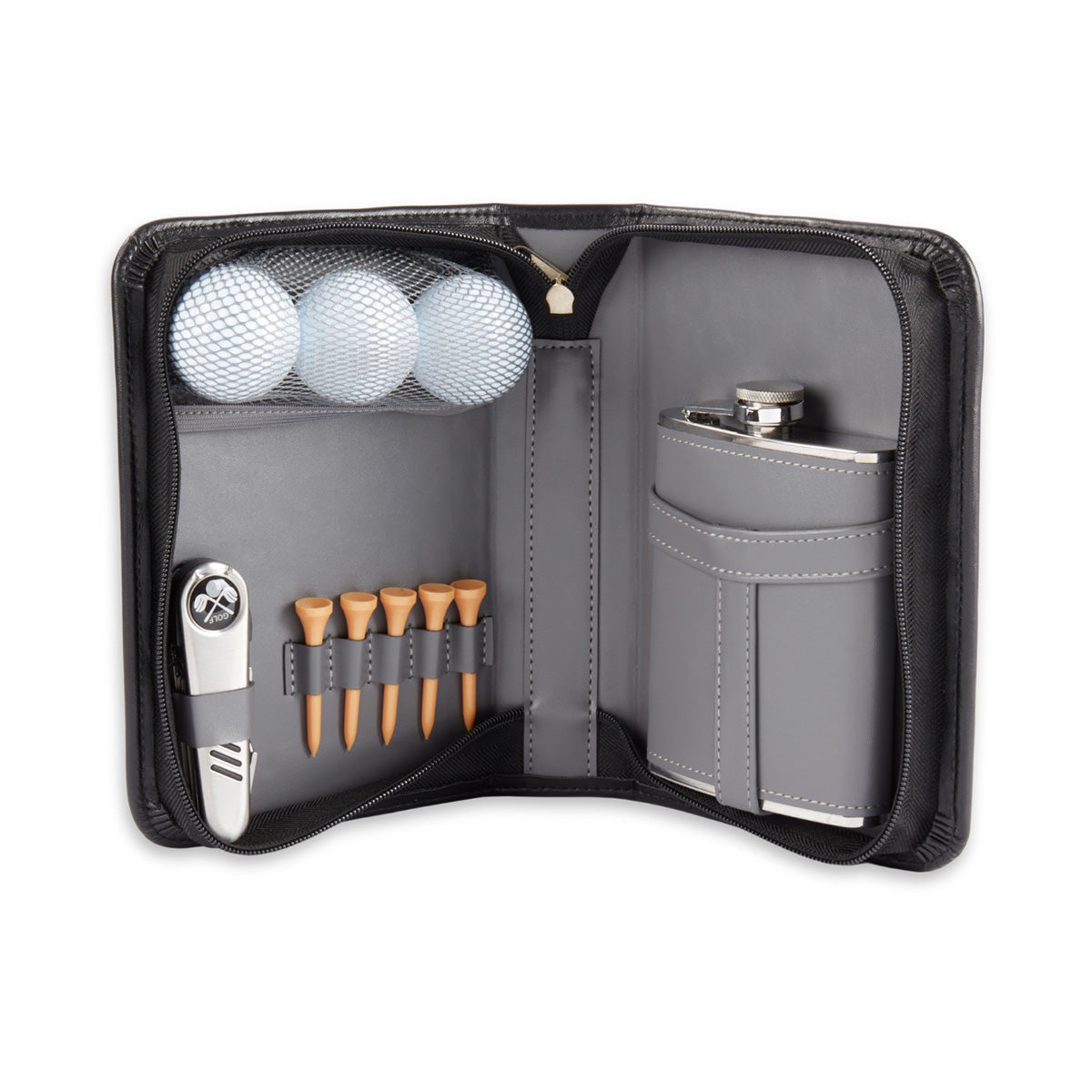 9 Pc. Black Leather Travel Golf Set with Flask - image 3