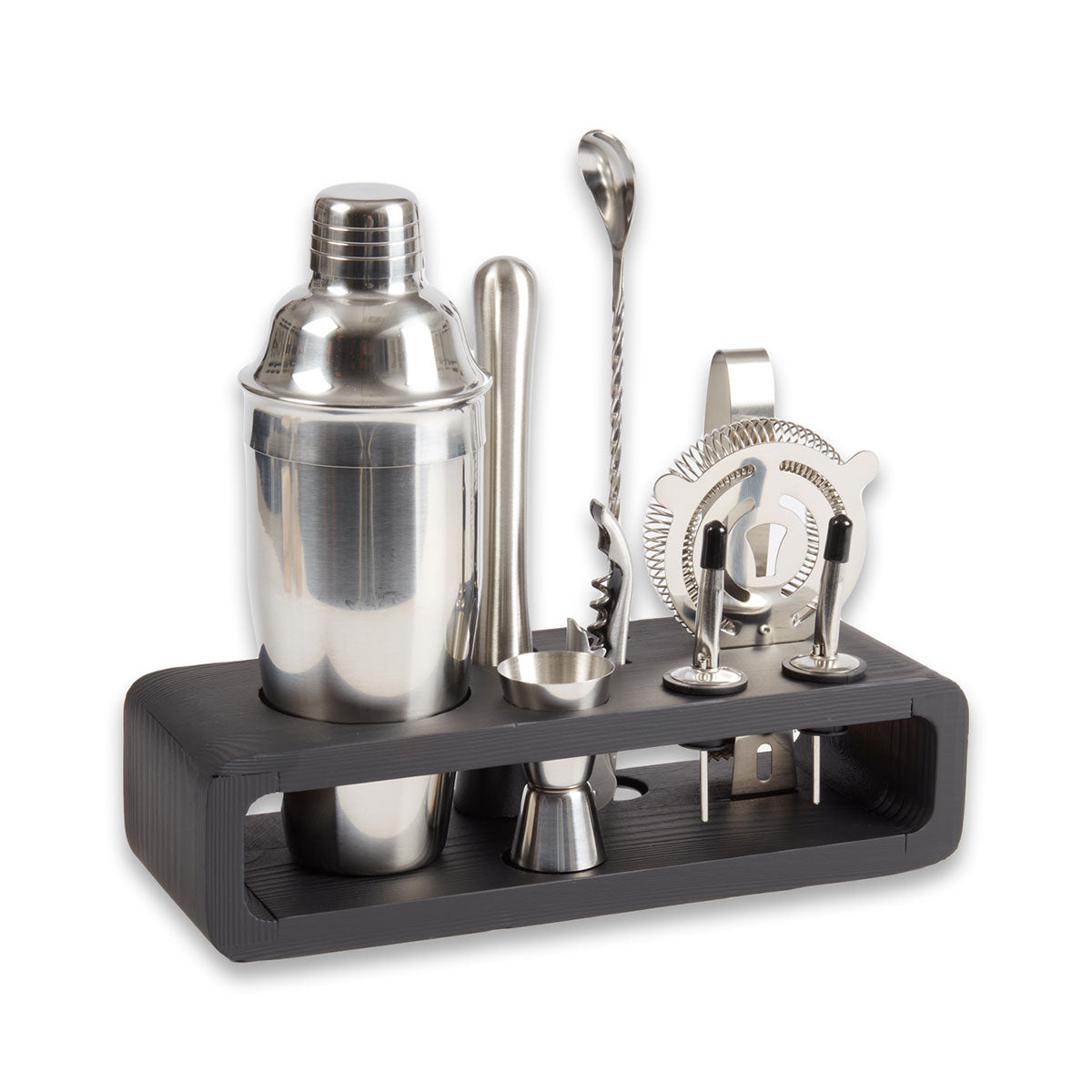 9 Piece Bar Set with Cocktail Shaker Set and Black Wood Base - image 2
