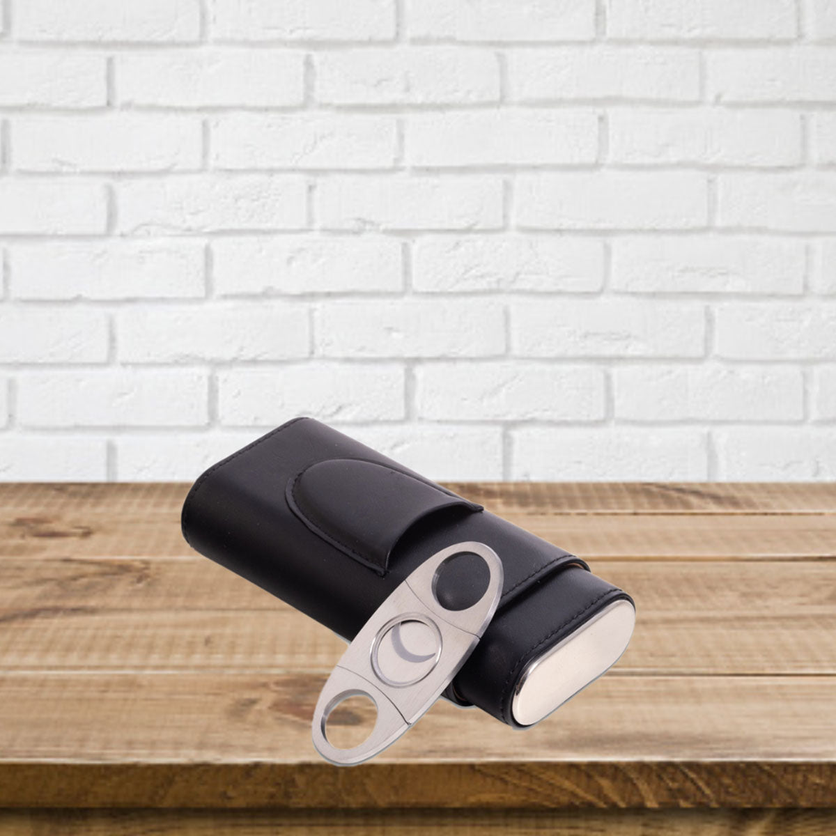 Leather Three Cigar Holder with Stainless Steel Cutter - image 3