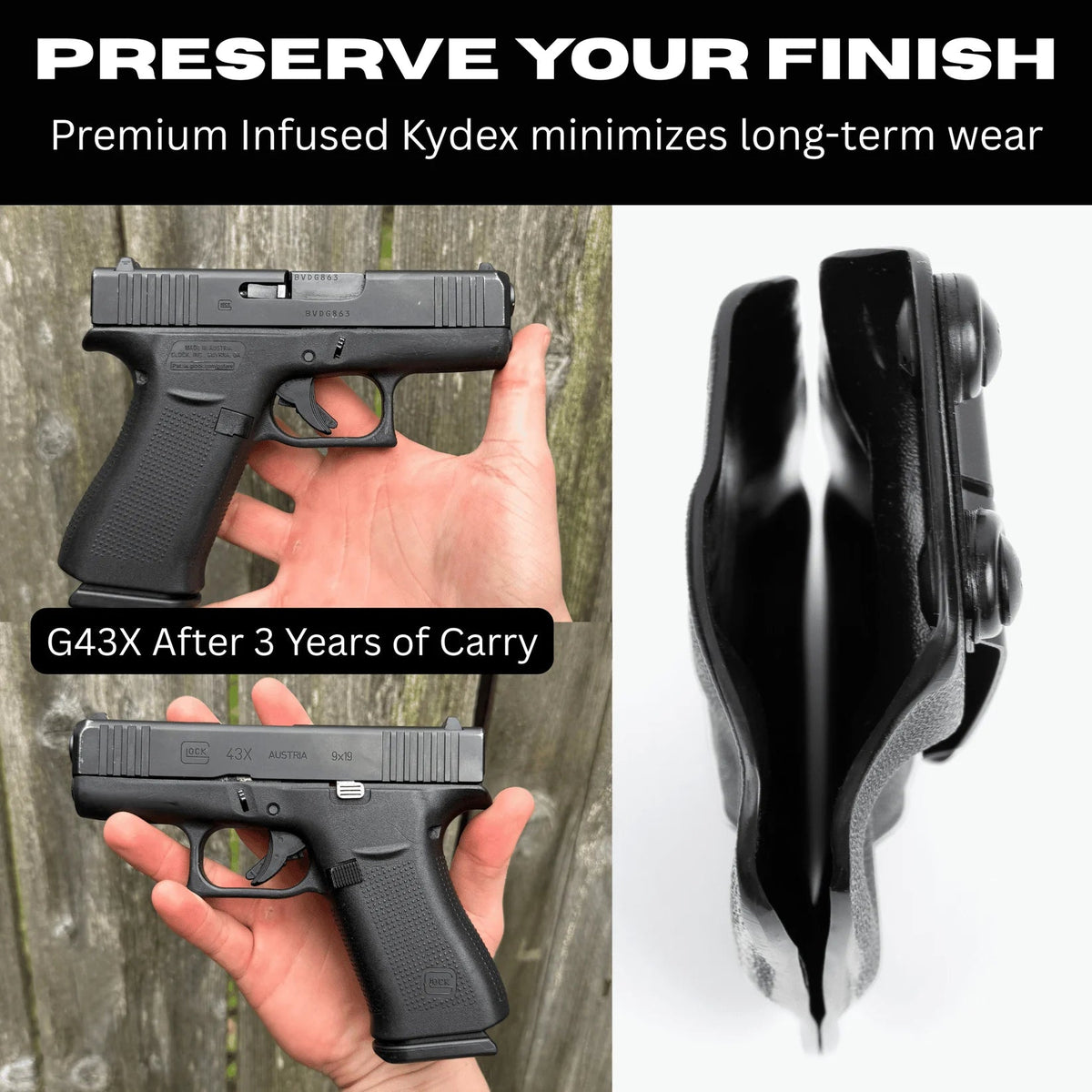 Kydex shell helps preserve your firearm's finish over years of carry