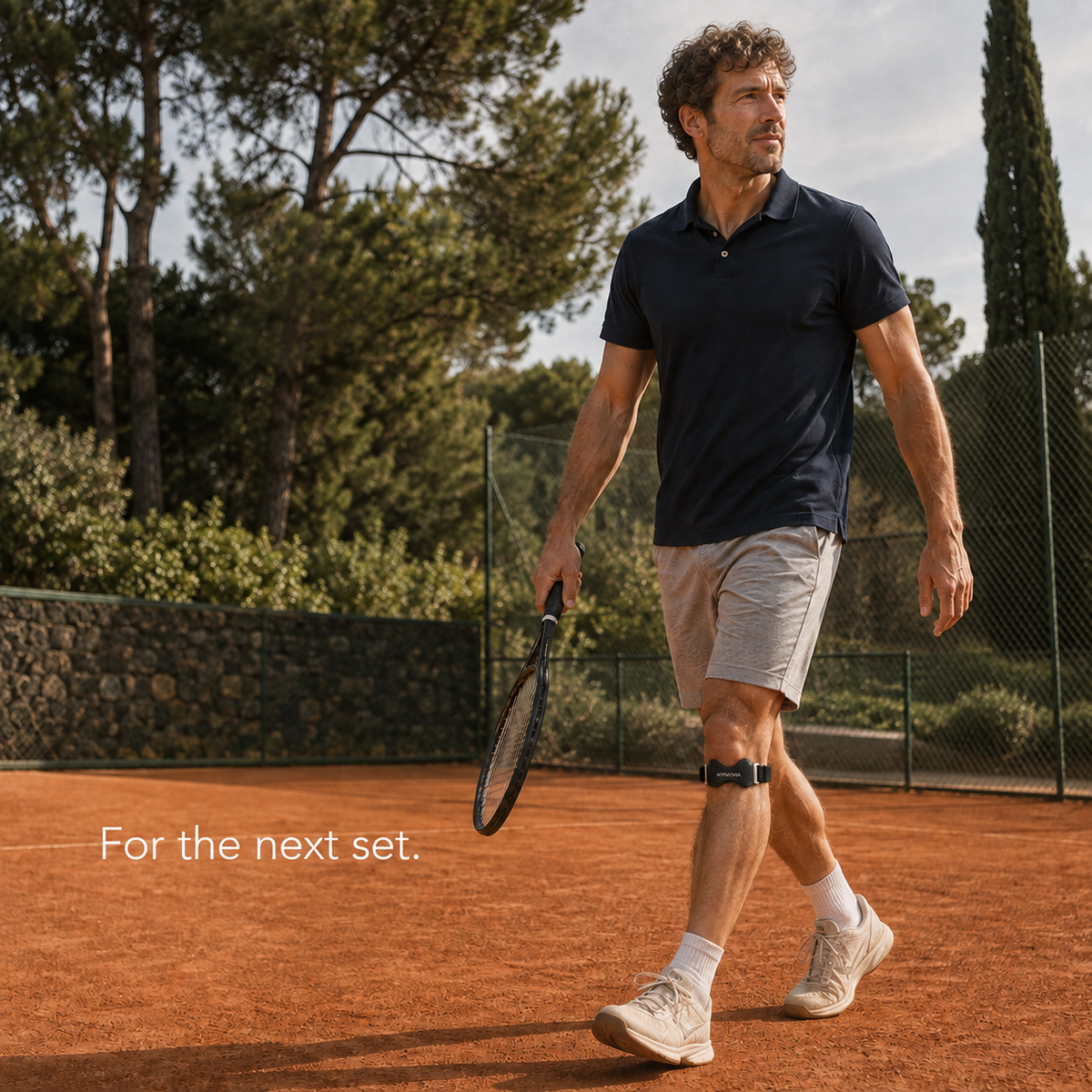 Man on a tennis court wearing the Kynova knee strap