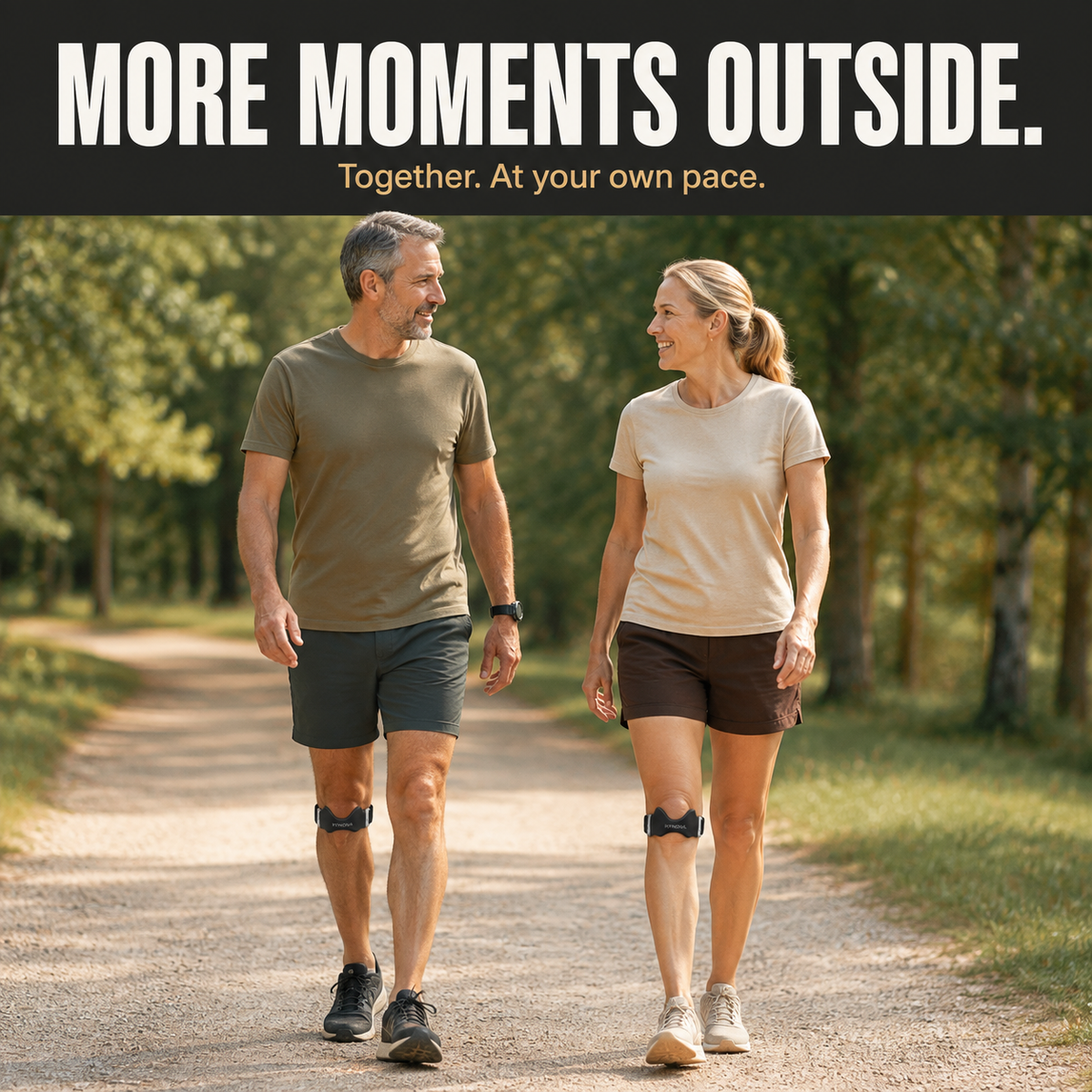Man and woman walking outdoors wearing Kynova straps
