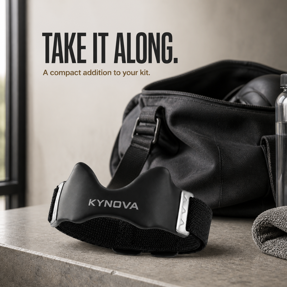 Kynova knee strap beside a gym bag