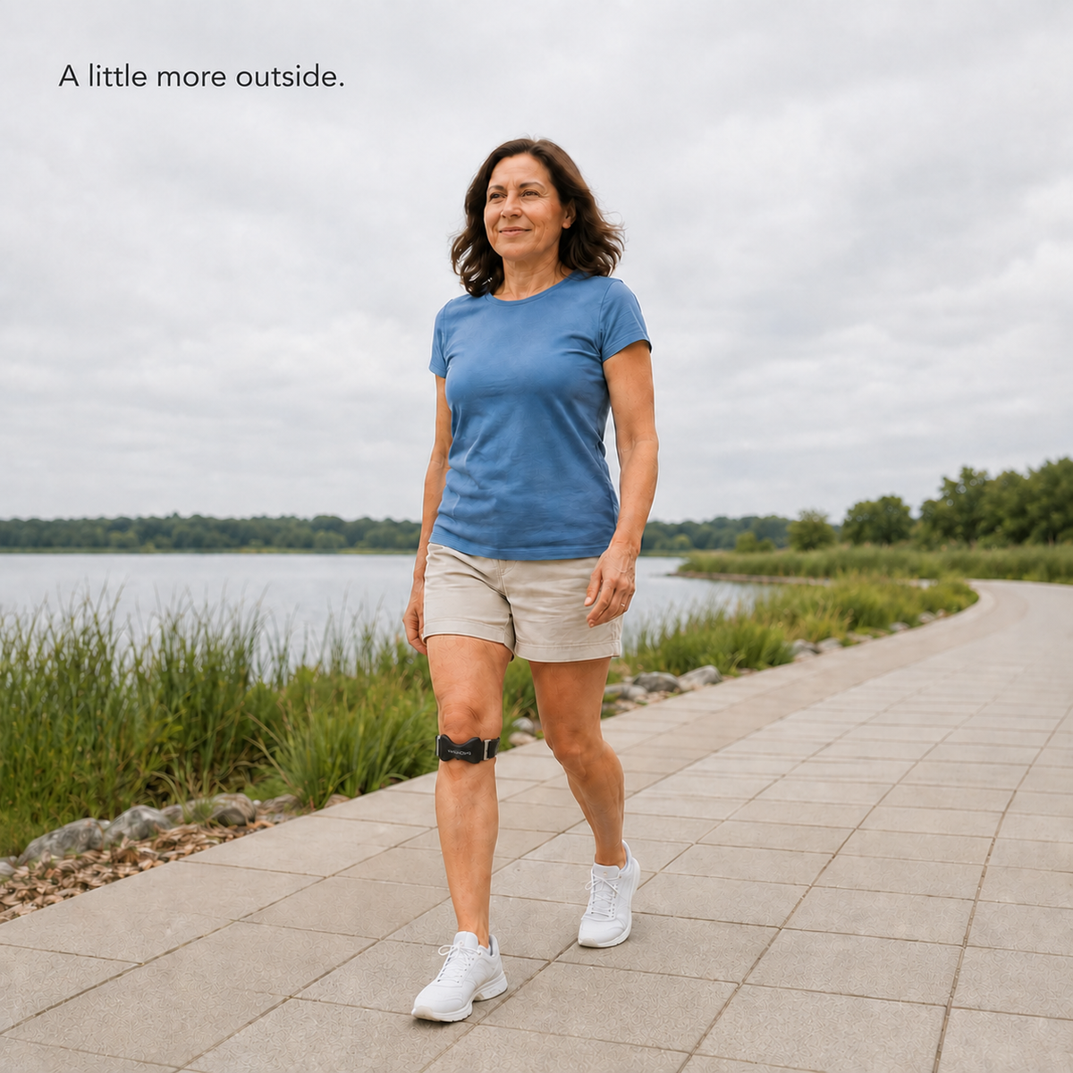 Woman walking by a lake wearing the Kynova strap