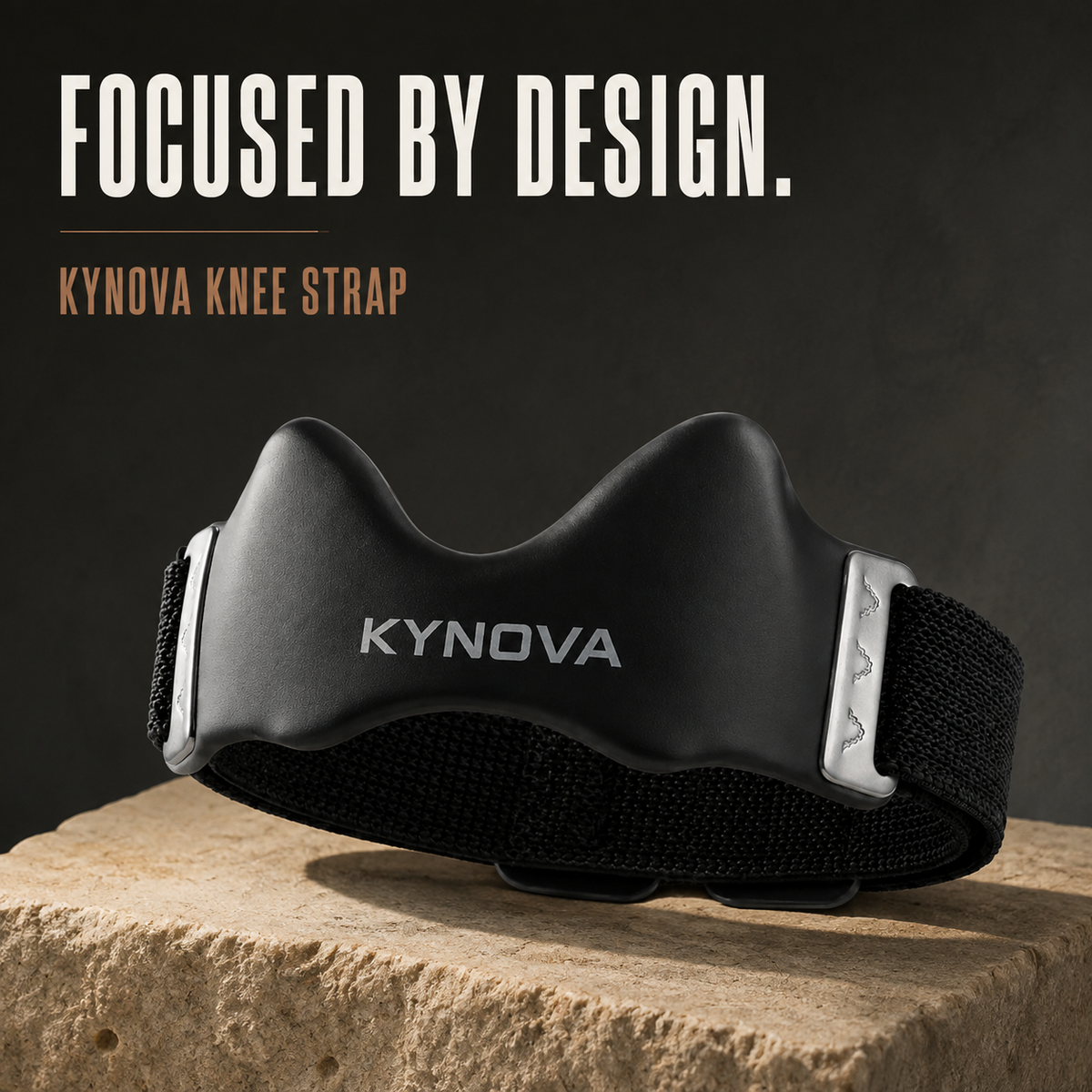 Kynova knee strap displayed on a stone surface