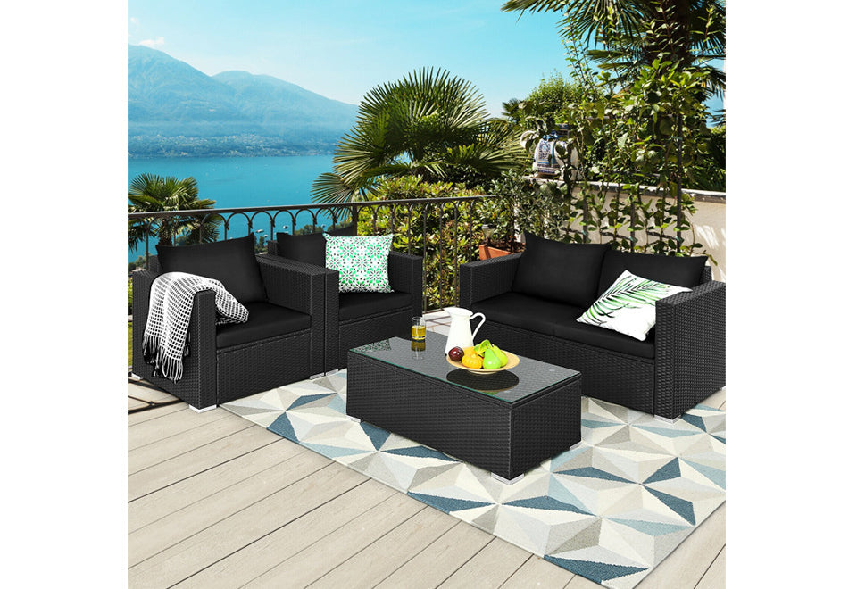 4-Piece Rattan Conversation Patio Set with Padded Cushion