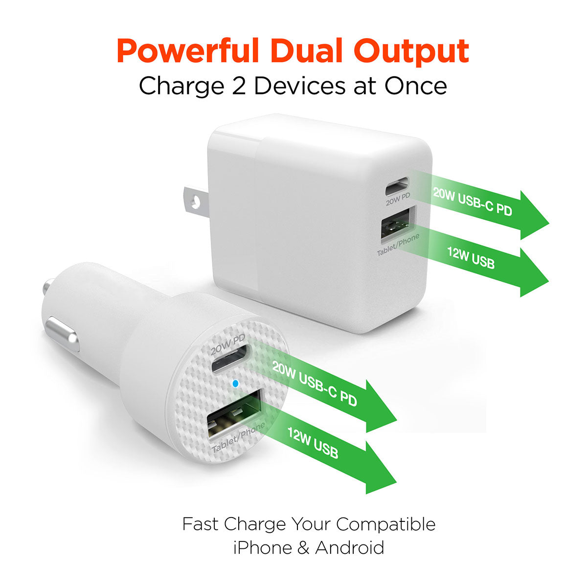 Fast Charge Dual Output Wall and Car Charger Set