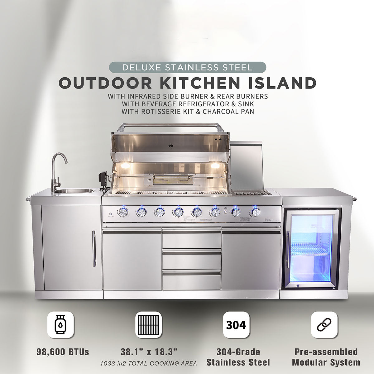 6-Burner Propane Gas Grill Island with Rotisserie and Outdoor Refrigerator - image 7