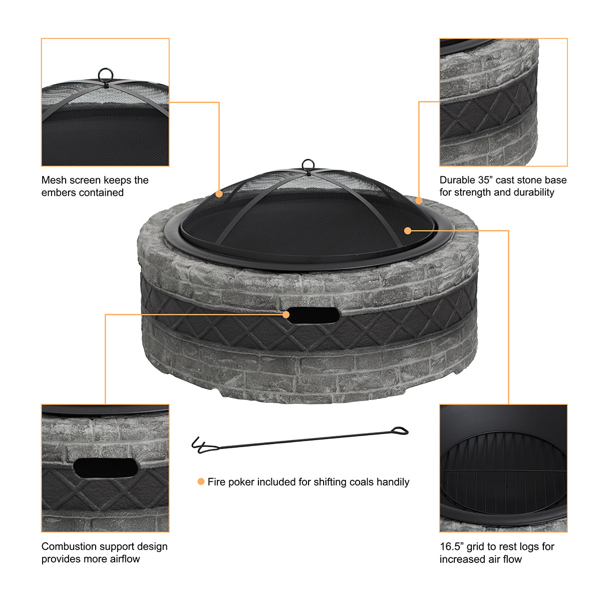 35'' Cast Stone and Trim Wood-Burning Fire Pit - image 4