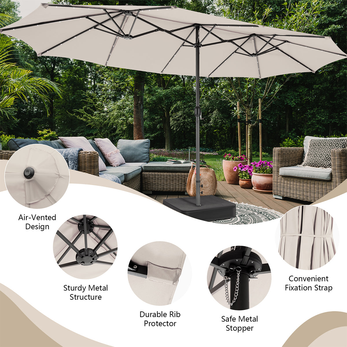 15' Double-Sided Patio Umbrella with Solar Powered LED Lights - image 7