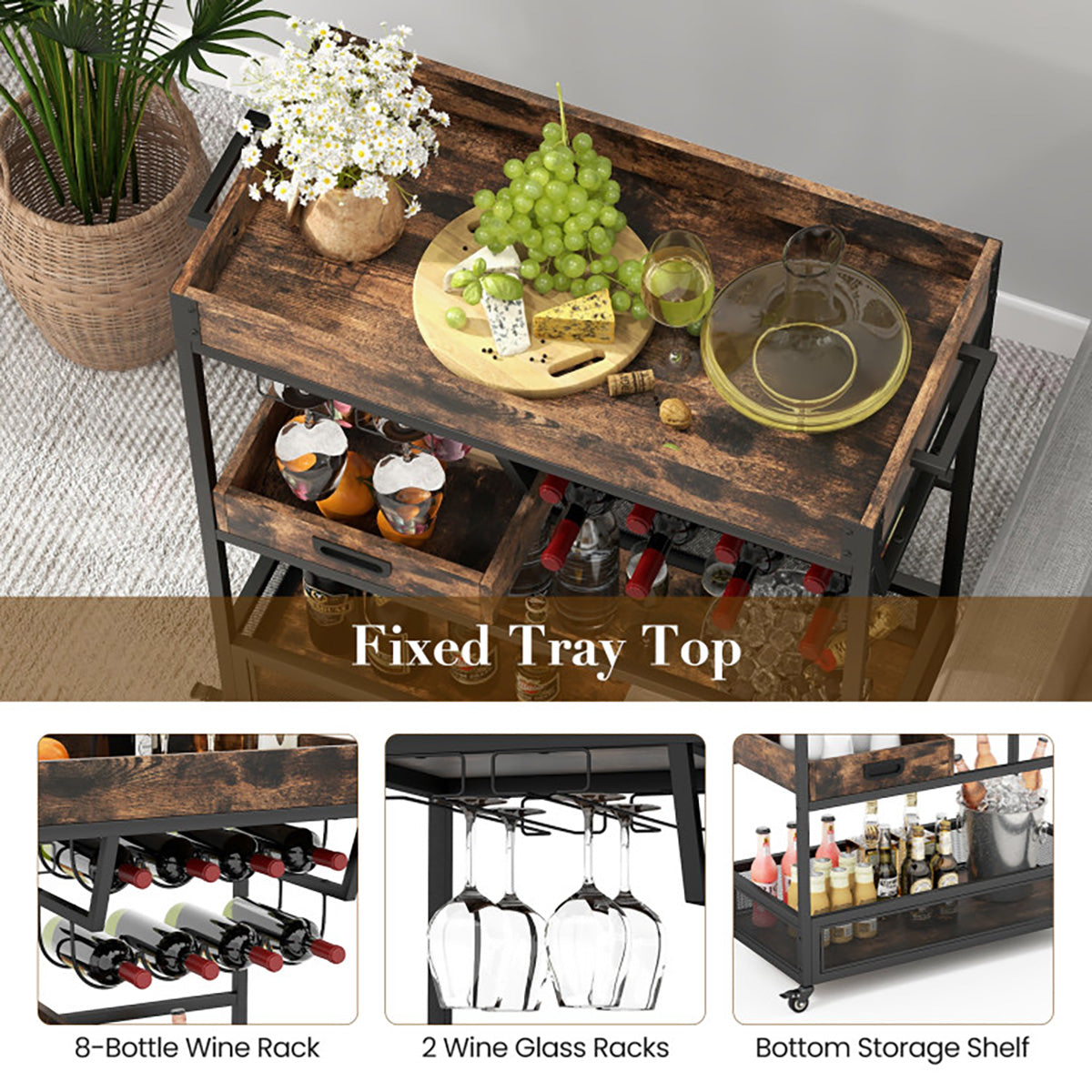 3-Tier Industrial Buffet Serving Cart with Wine Rack - image 3