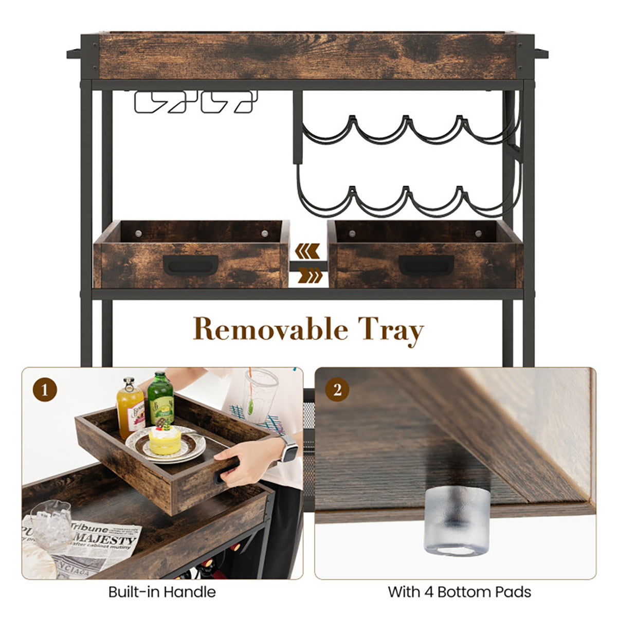 3-Tier Industrial Buffet Serving Cart with Wine Rack - image 5