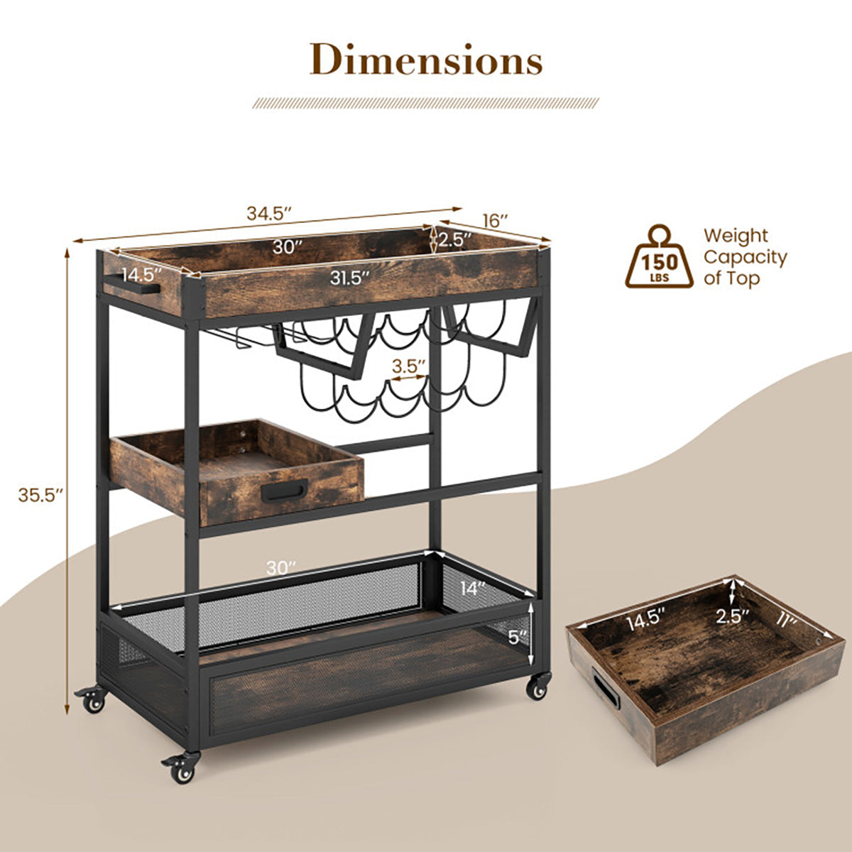 3-Tier Industrial Buffet Serving Cart with Wine Rack - image 7
