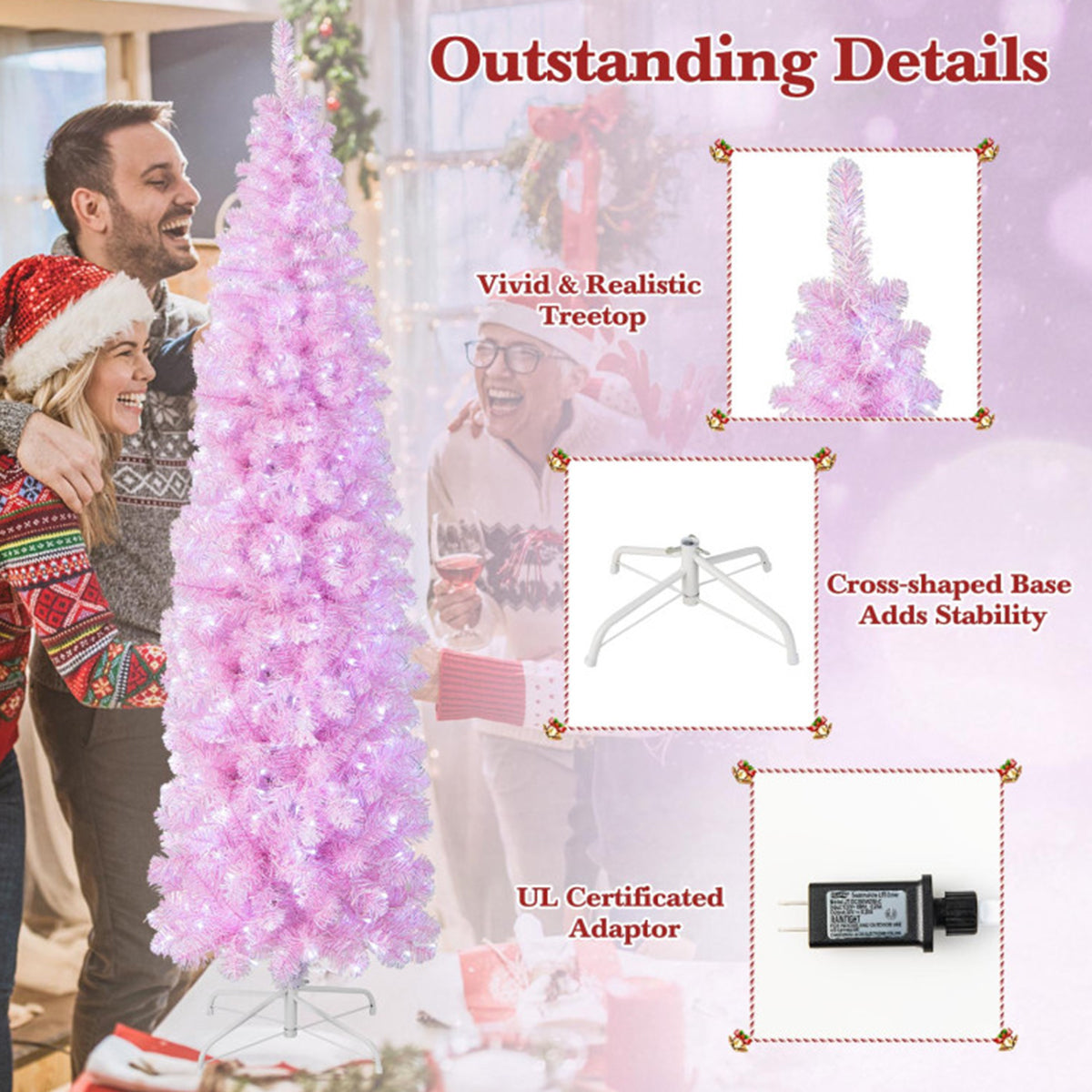 7' Pink Pre-lit Artificial Pencil Christmas Tree - image 8