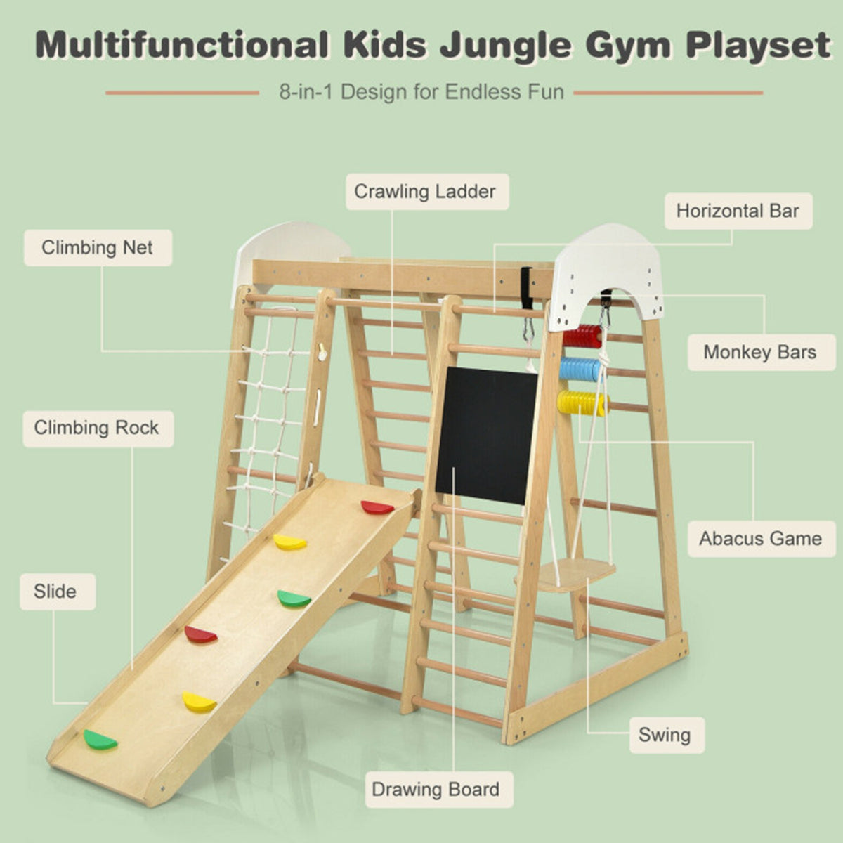 8-in-1 Wooden Climber Play Set with Slide and Swing - image 14