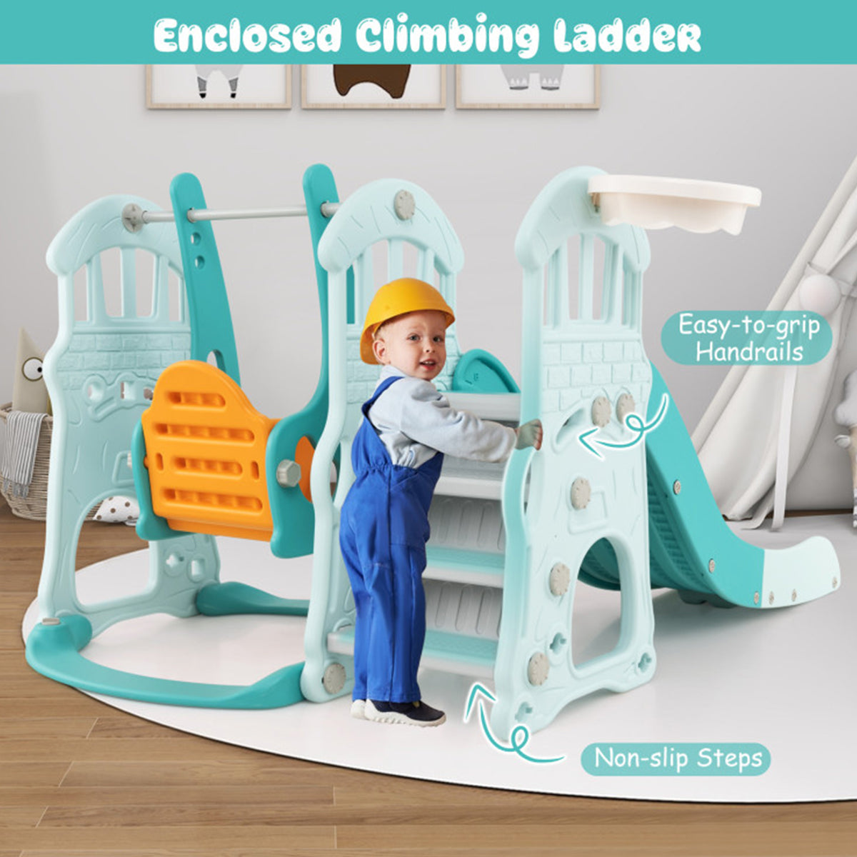 3-in-1 Toddler Slide and Swing Set with Basketball Hoop - image 5