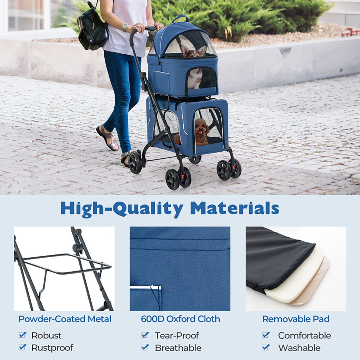 3-in-1 Foldable Double Pet Stroller with Detachable Carriers - image 9