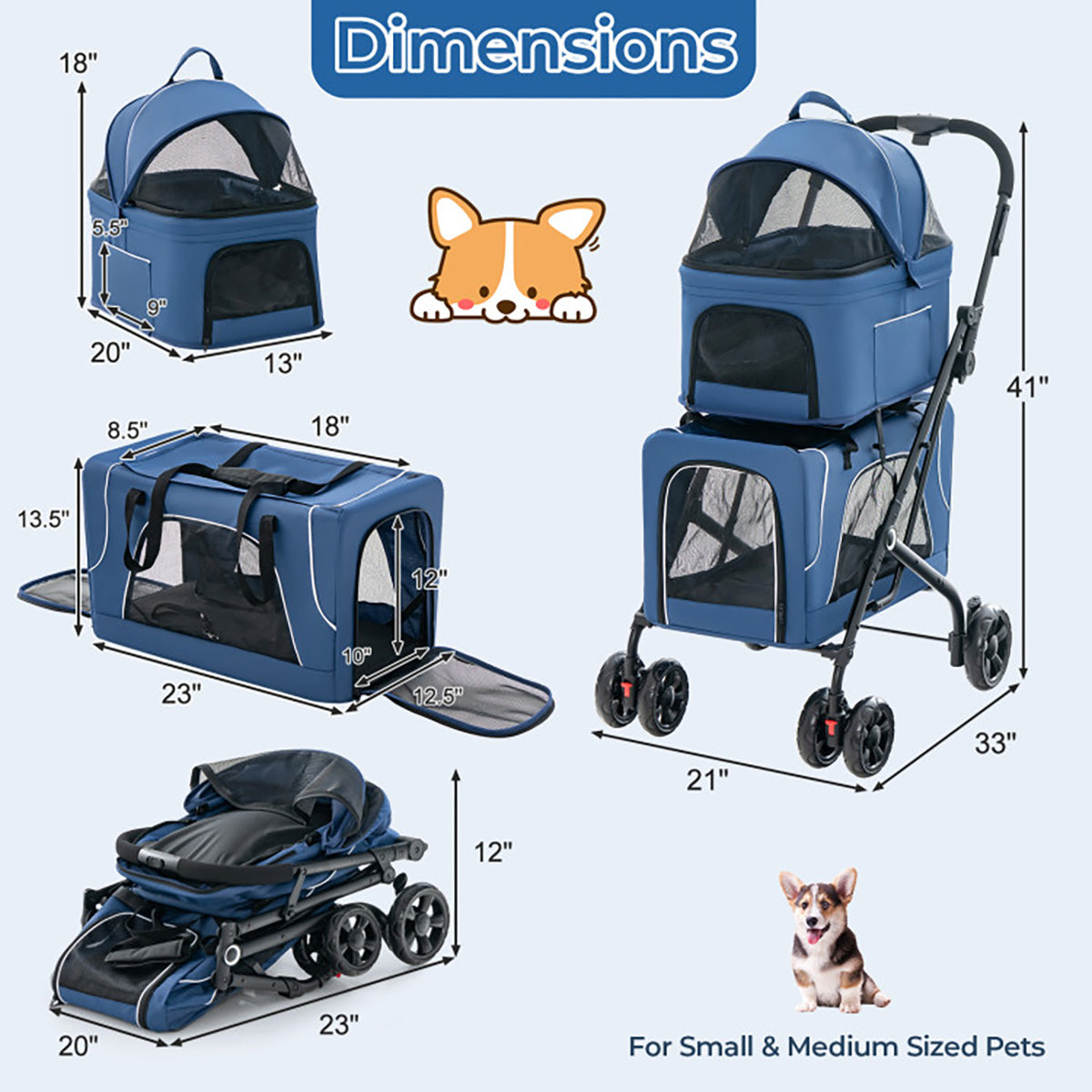 3-in-1 Foldable Double Pet Stroller with Detachable Carriers - image 11