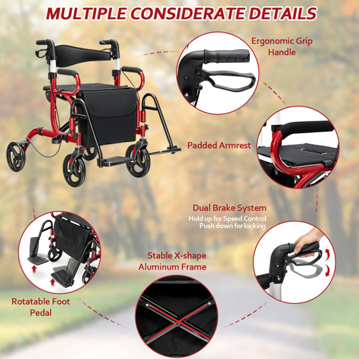 2-in-1 Folding Rollator Walker Transport Wheelchair - image 8