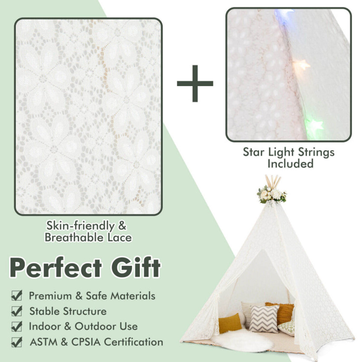 Kids Lace Teepee Play Tent with Colorful String Lights - image 5