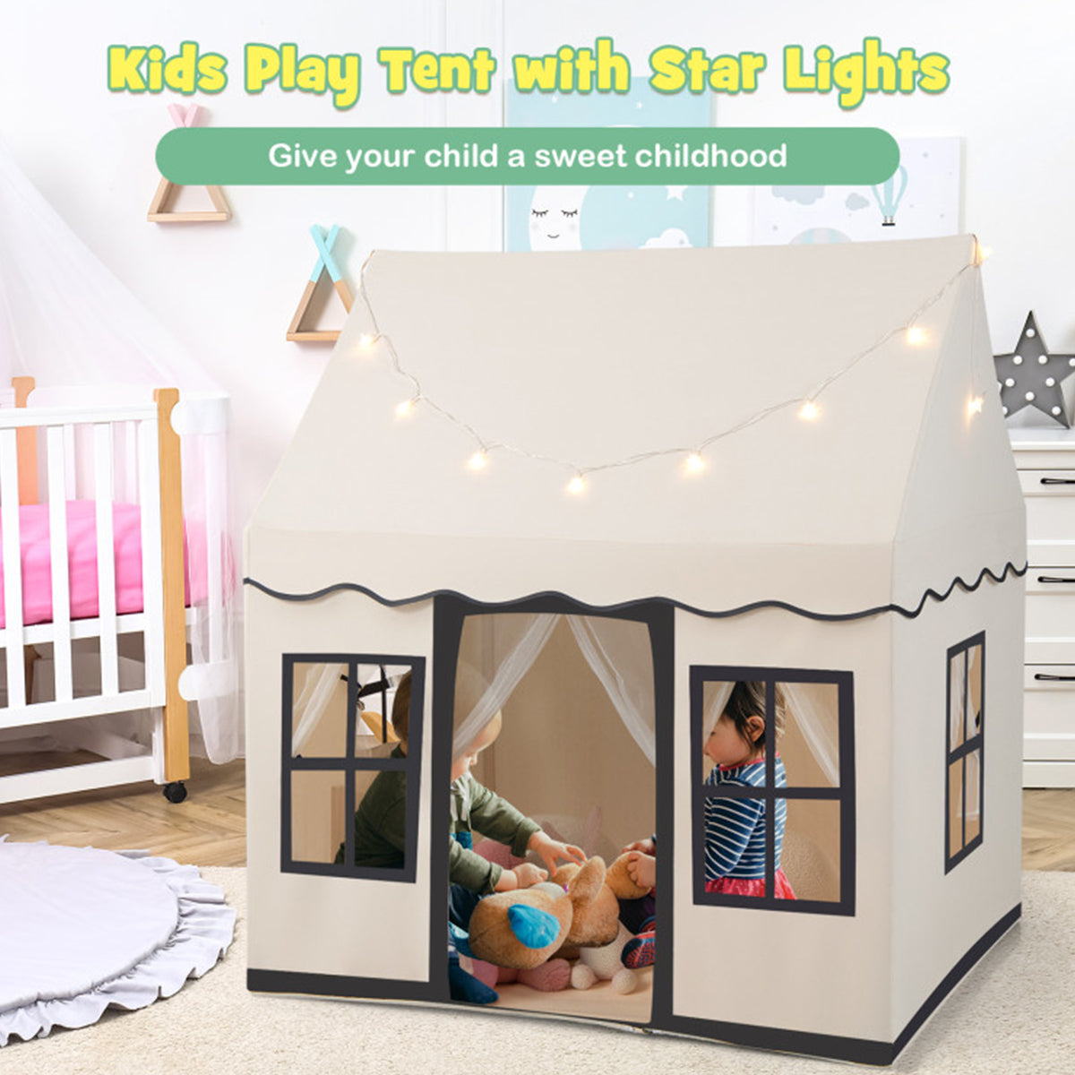 Large Kids Play Tent with Star String Lights - image 3