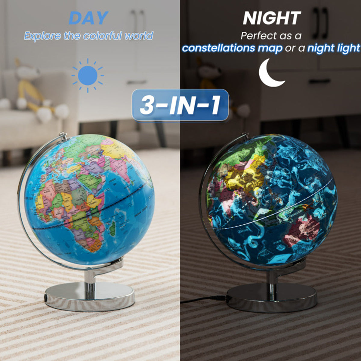 3-in-1 World Globe with Illuminated Constellation Maps - image 3