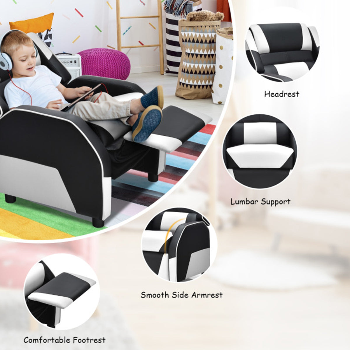 Kids Gaming Sofa Recliner with Headrest and Footrest - image 40