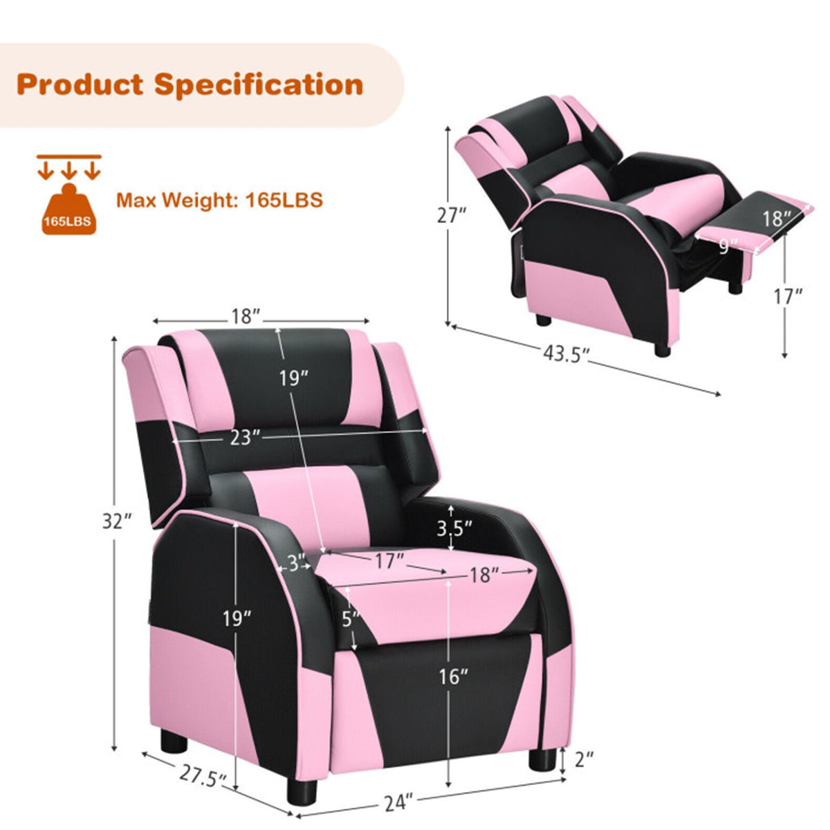 Kids Gaming Sofa Recliner with Headrest and Footrest - image 11