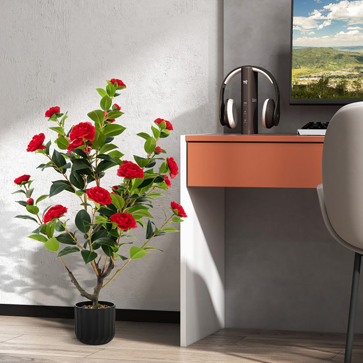 38'' Artificial Camellia Flower Trees with Cement Pot (Set of 2) - image 32