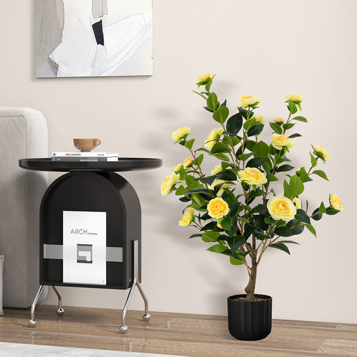 38'' Artificial Camellia Flower Trees with Cement Pot (Set of 2)