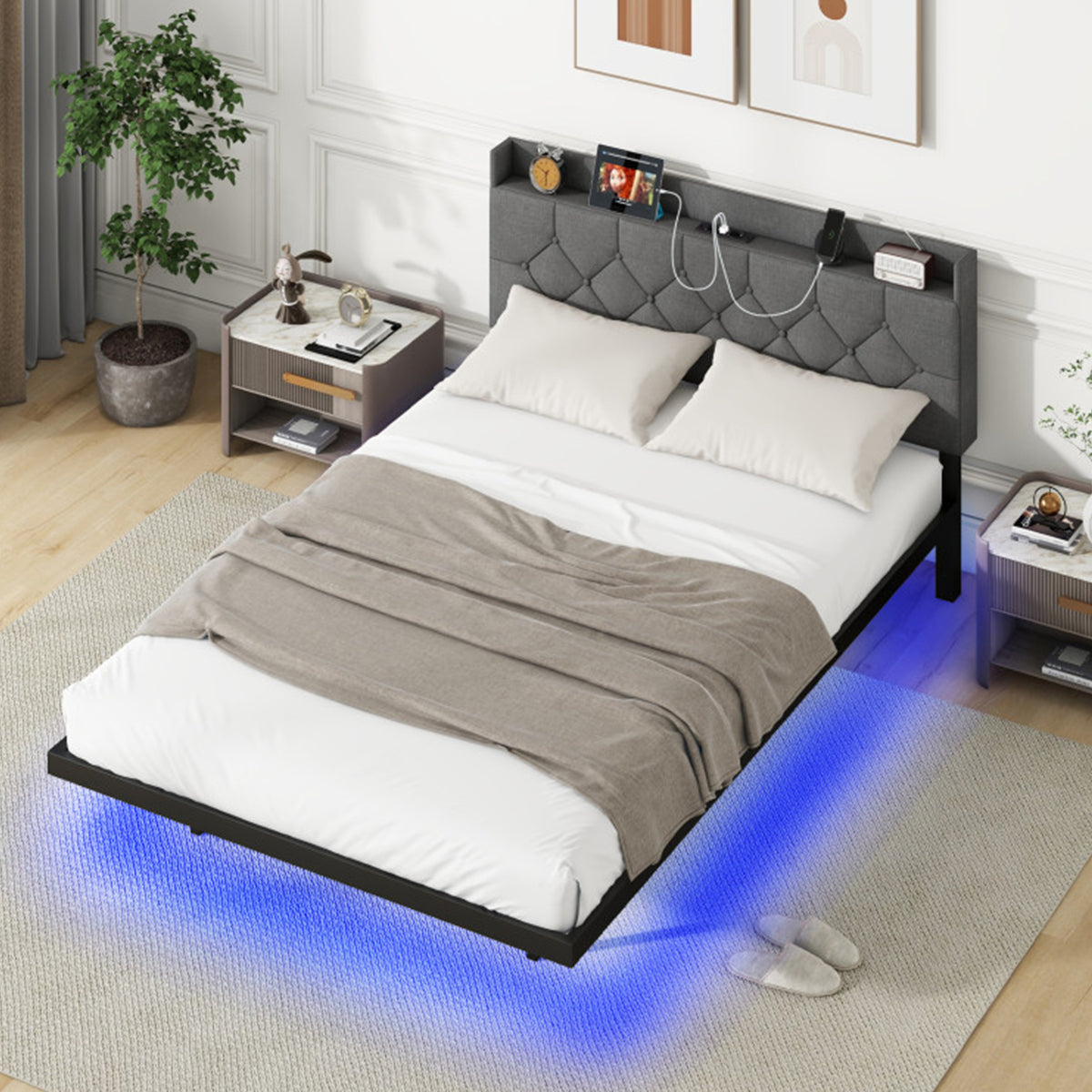 Floating LED Bed Frame with Charging Station