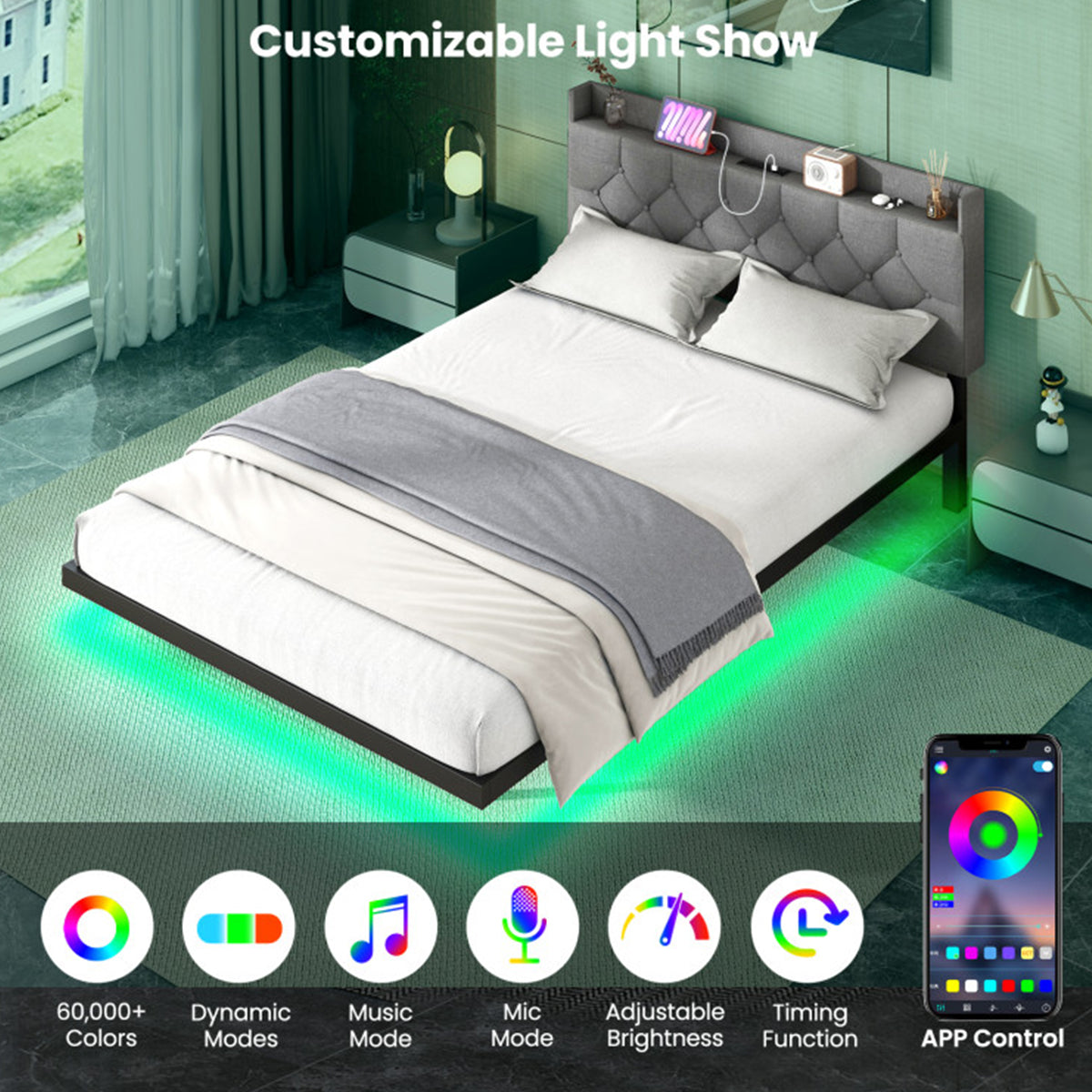 Floating LED Bed Frame with Charging Station - image 5