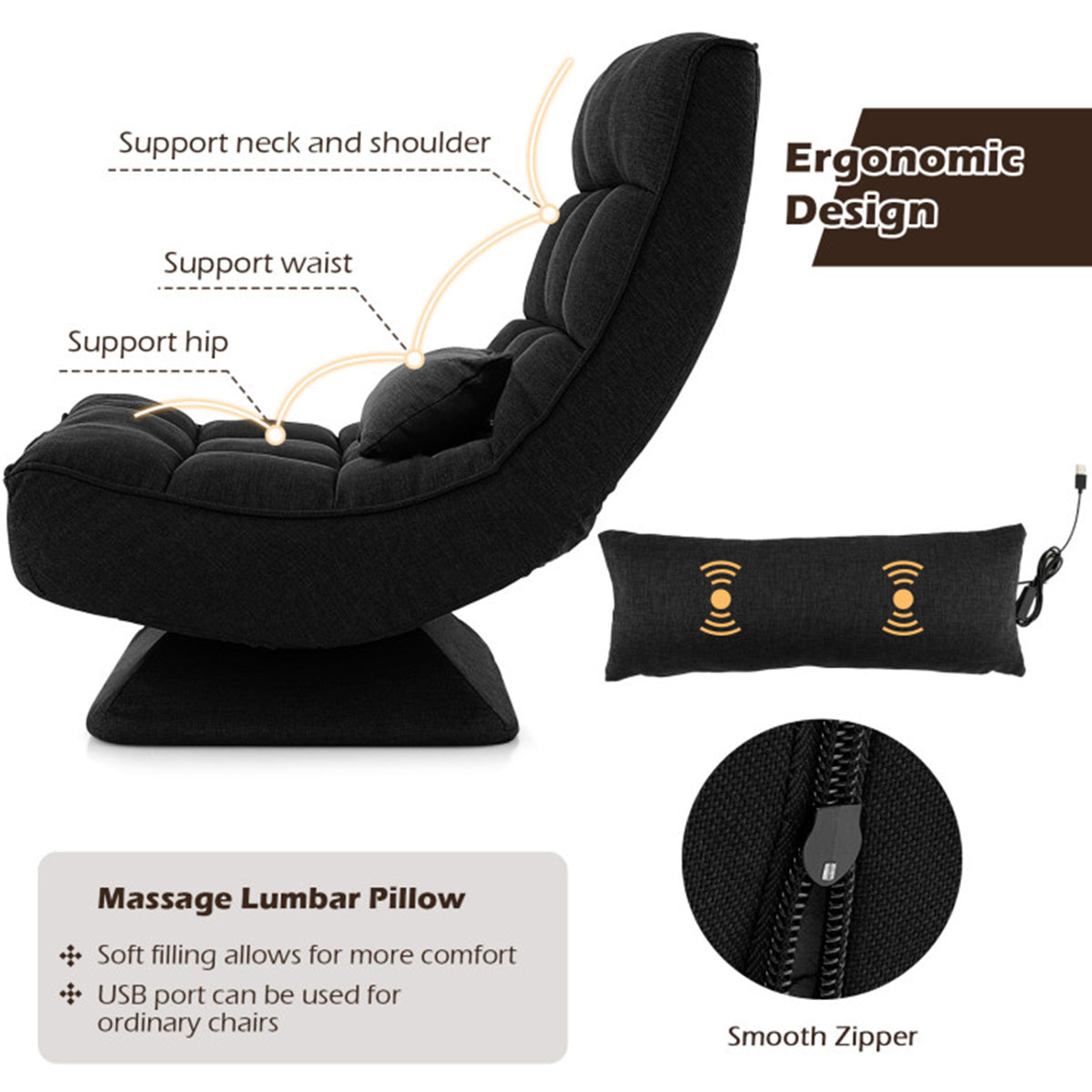 Adjustable 360° Swivel Floor Chair with Massage Pillow - image 22