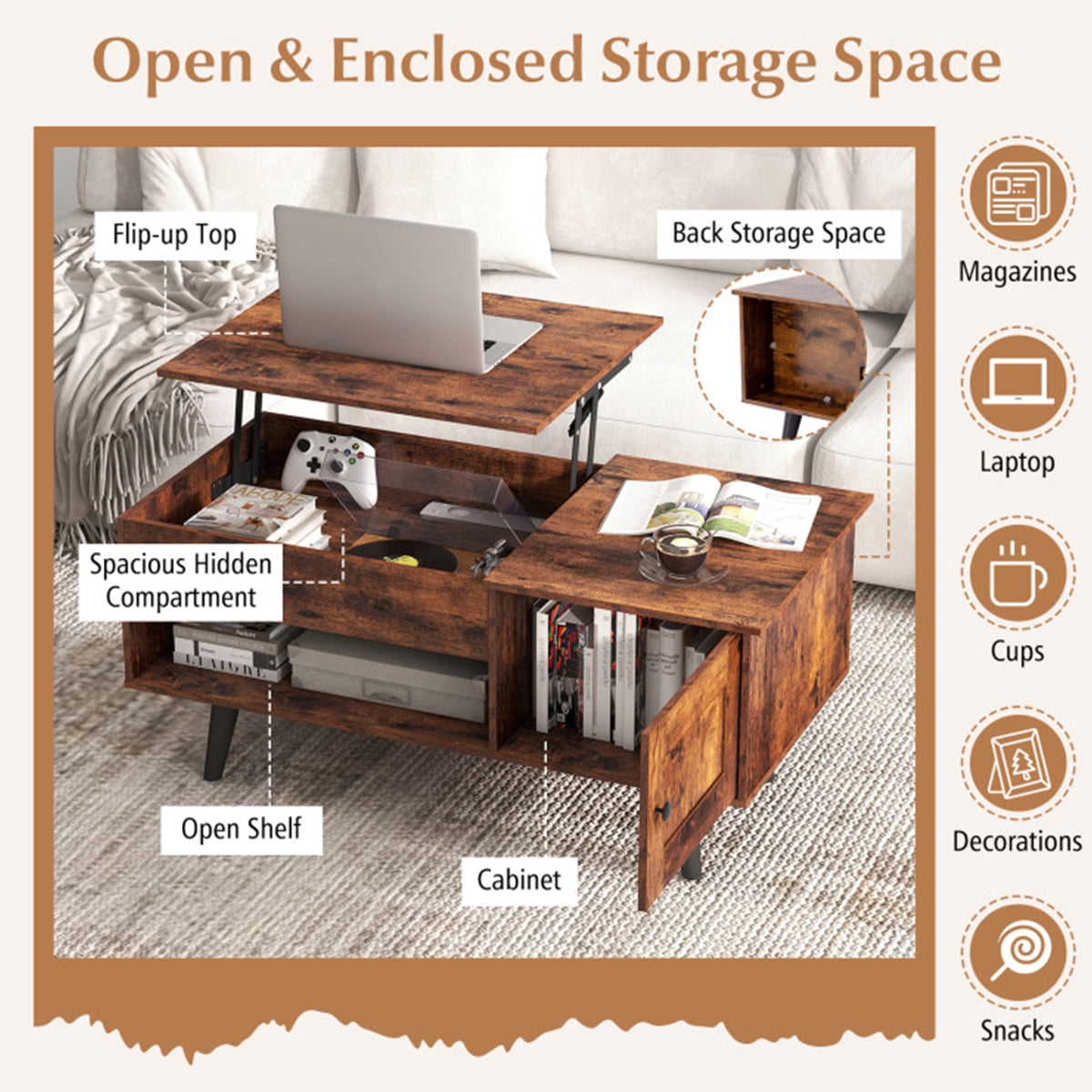 Lift Top Coffee Table with Hidden Storage Compartment - image 13